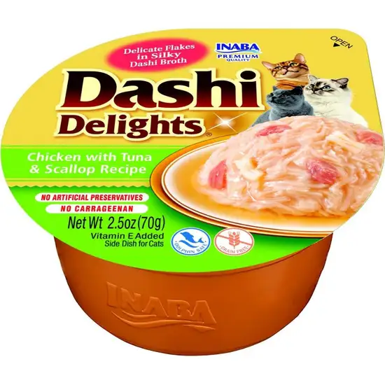 Inaba Dashi Delighrs Chicken with Tuna & Scallop Flavored Bits in Broth Cat Food Topping Photo 1