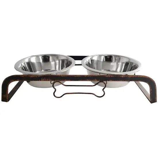 Rustic Elevated 16oz Two Bowl Dog Feeding Station Photo 1