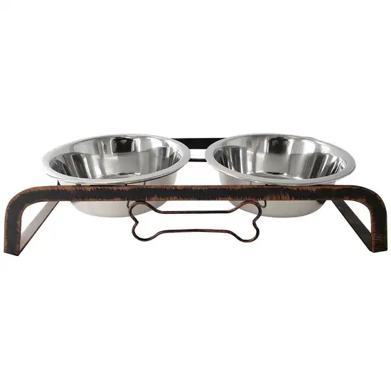 Rustic Elevated 16oz Two Bowl Dog Feeding Station Photo 2